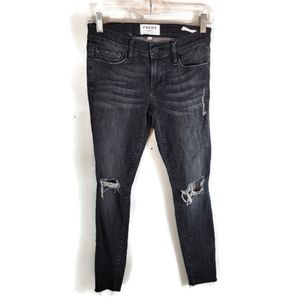 FRAME Le Skinny De Jeanne Raw Hem Busted Knee Mid Rise Jeans